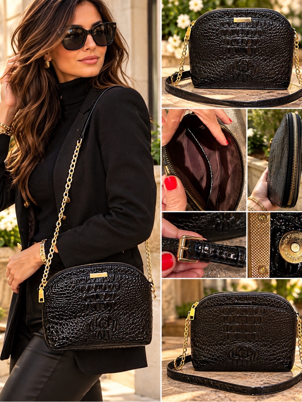Black Croc Embossed Patent Crossbody Bag Gold Chain Elegant Dome Purse